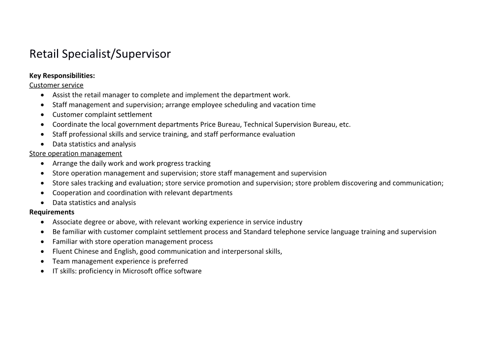 Marketing Specialist / Supervisor / Manager