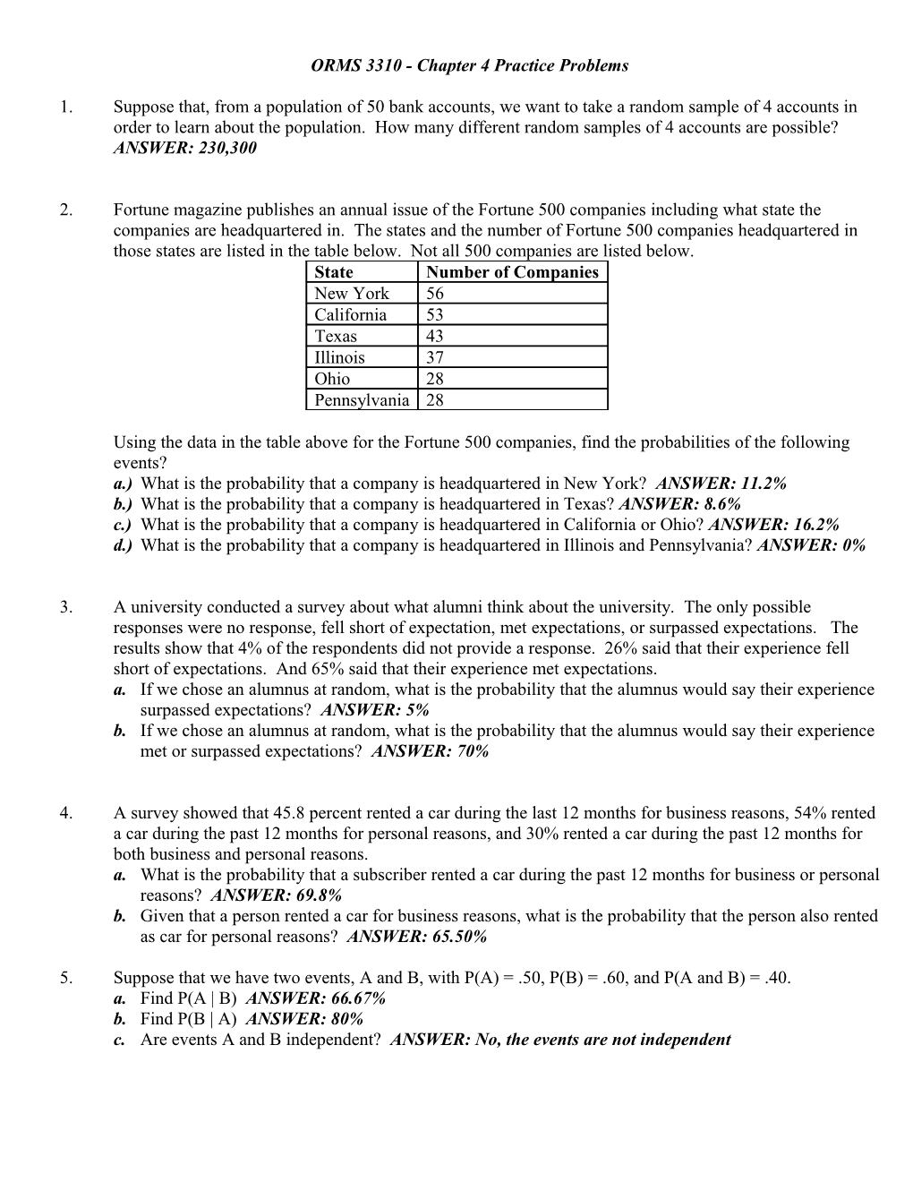 ORMS 3310 - Chapter 4 Practice Problems