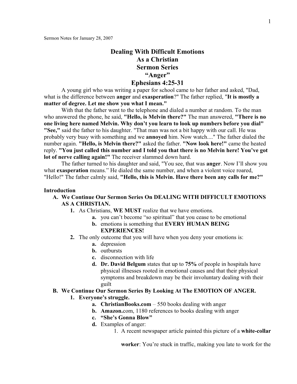 Sermon Notes for January 28, 2007