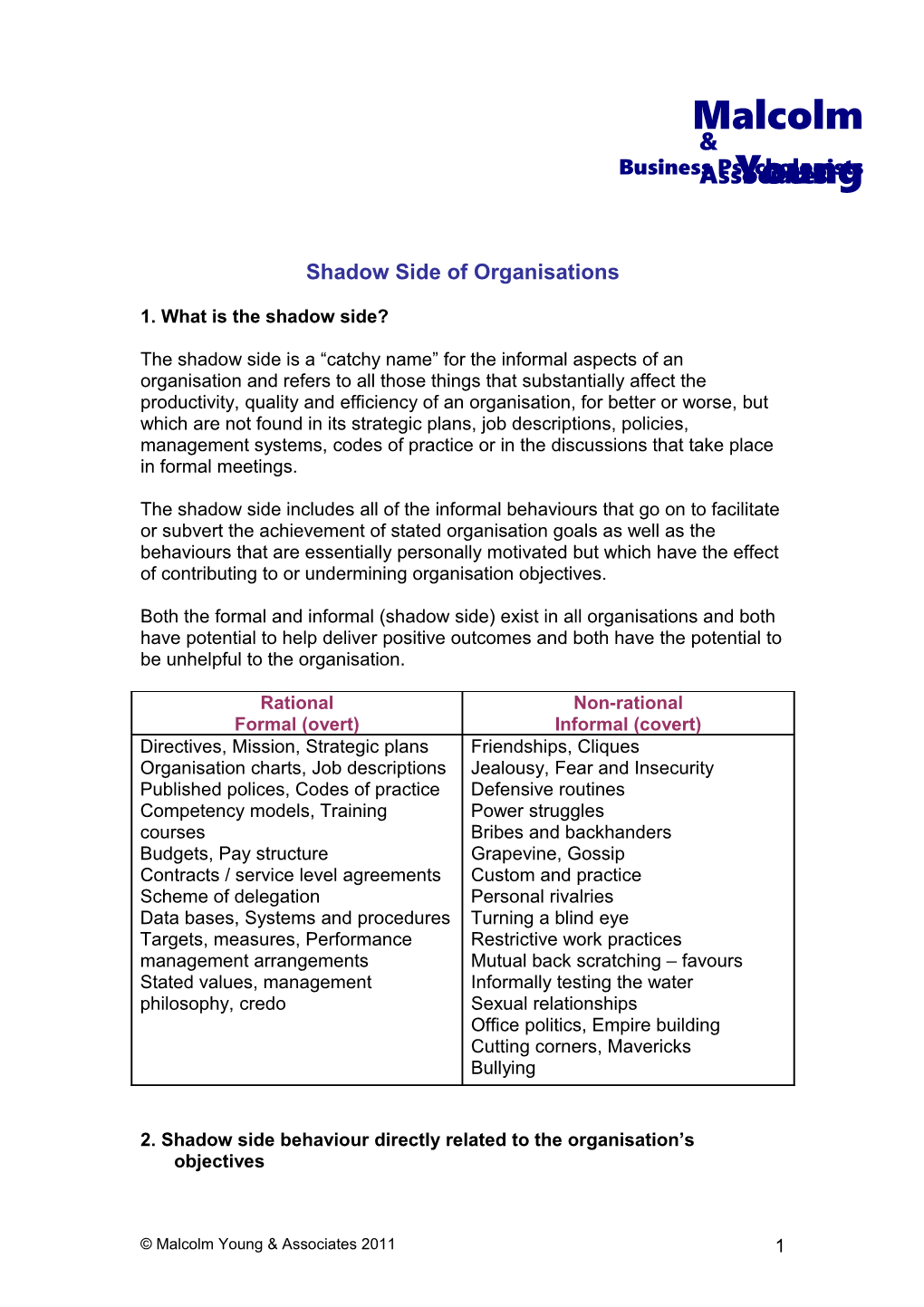 Shadowside of Organisations