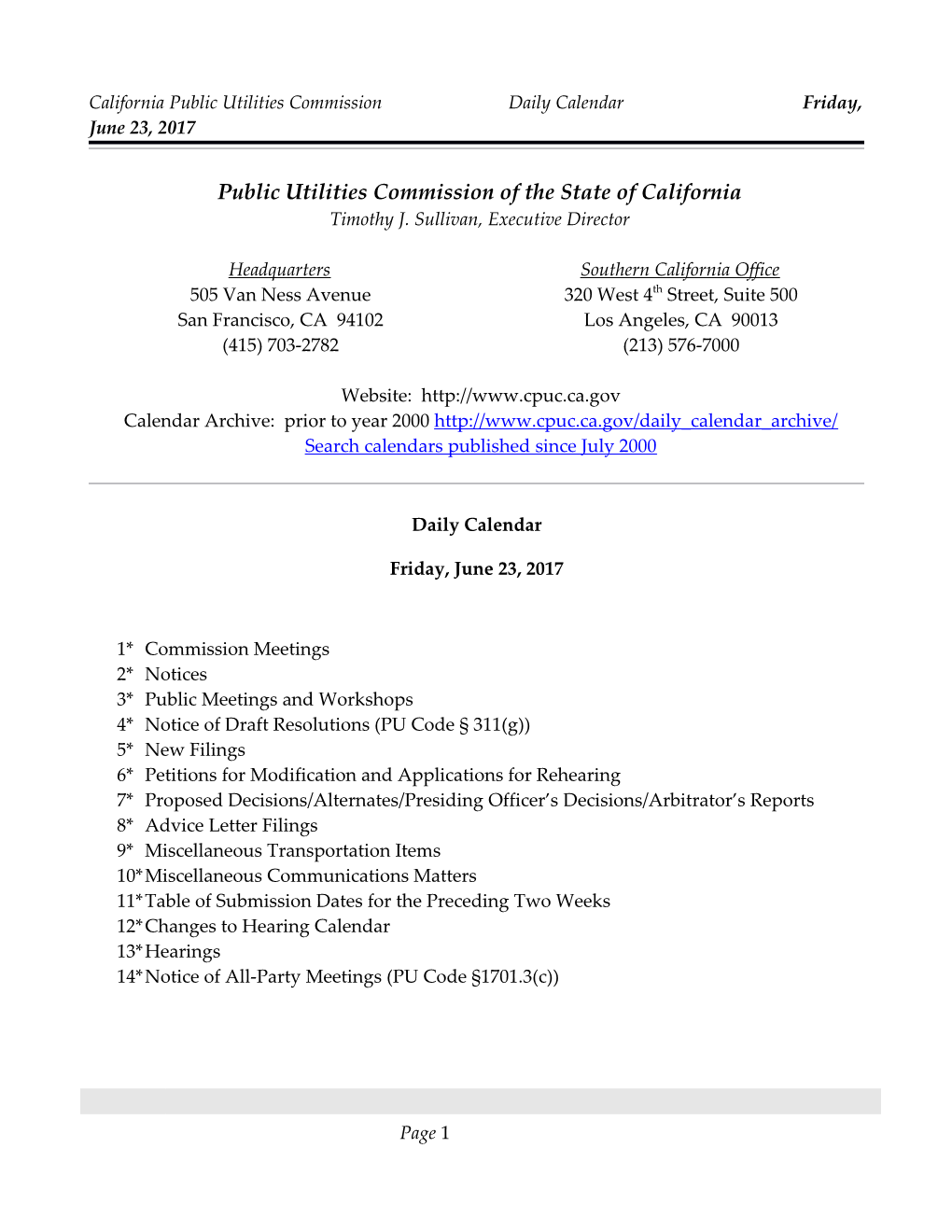 California Public Utilities Commission Daily Calendar Friday, June 23, 2017