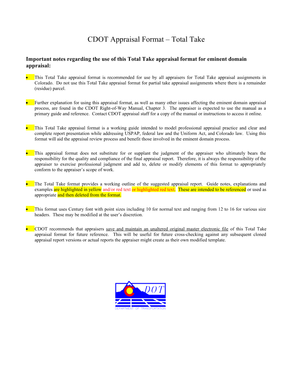 CDOT Appraisal Format Total Take