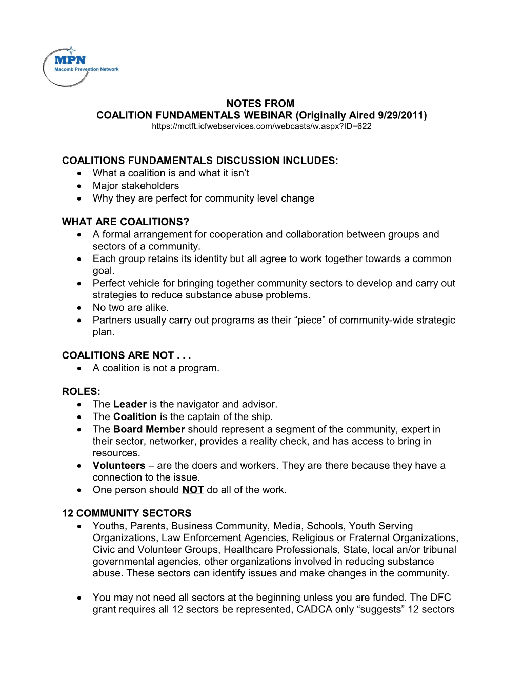 COALITION FUNDAMENTALS WEBINAR (Originally Aired 9/29/2011)