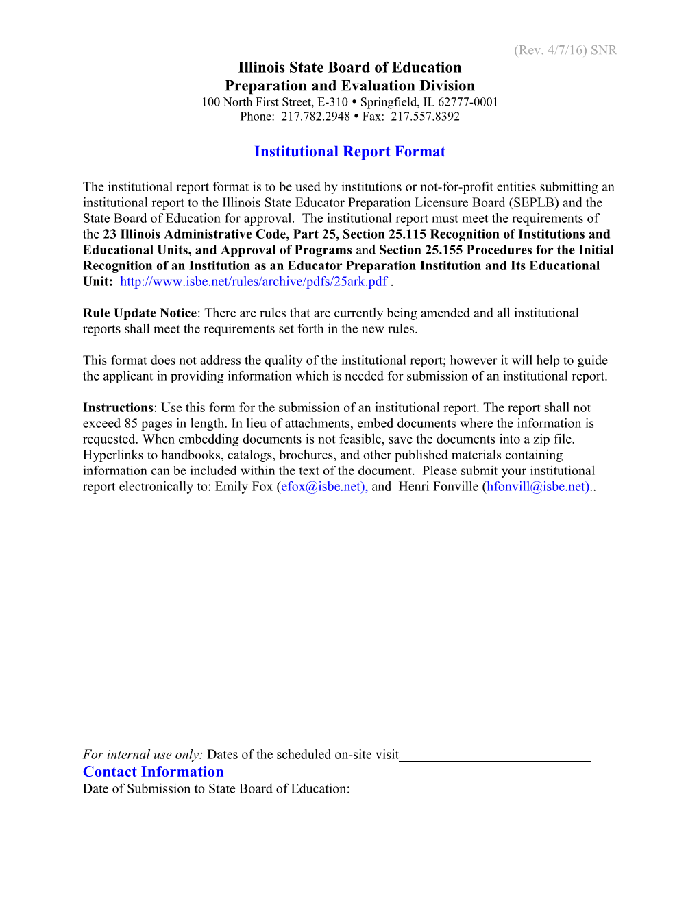 ISBE Institutional Report - Content and Format