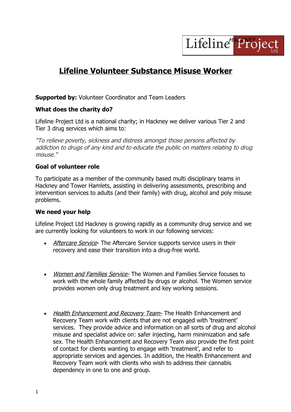 Lifeline Volunteer Substance Misuse Worker