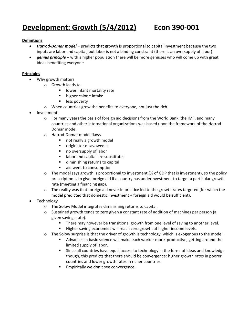 Development: Growth (5/4/2012)Econ 390-001