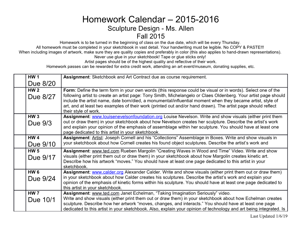 Homework Calendar 2015-2016