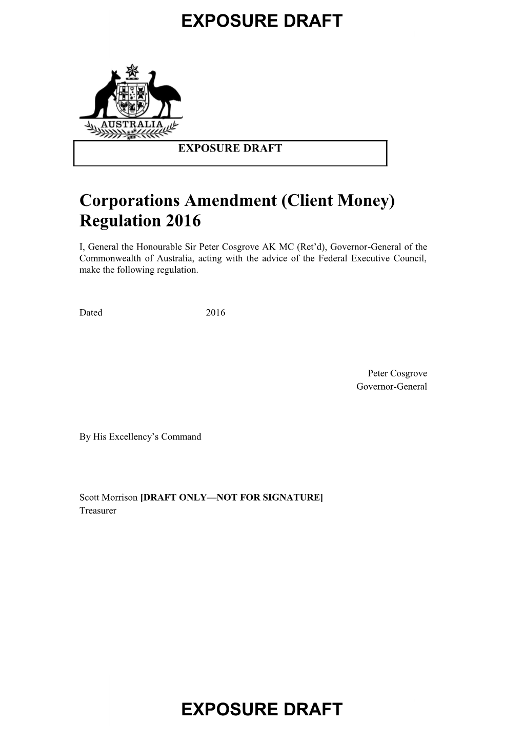 Exposure Draft - Corporations Amendment (Client Money) Regulation 2016