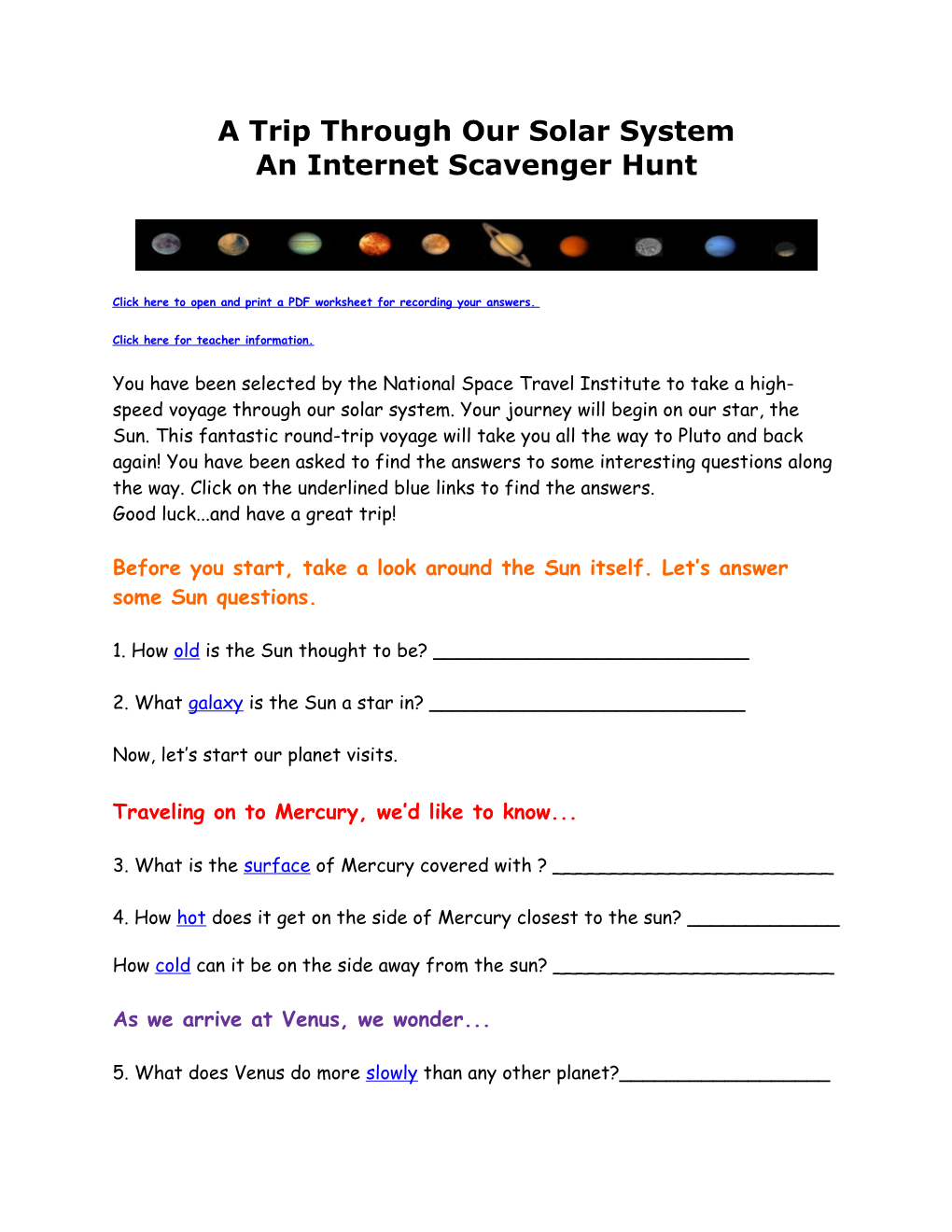 Click Here to Open and Print a PDF Worksheet for Recording Your Answers