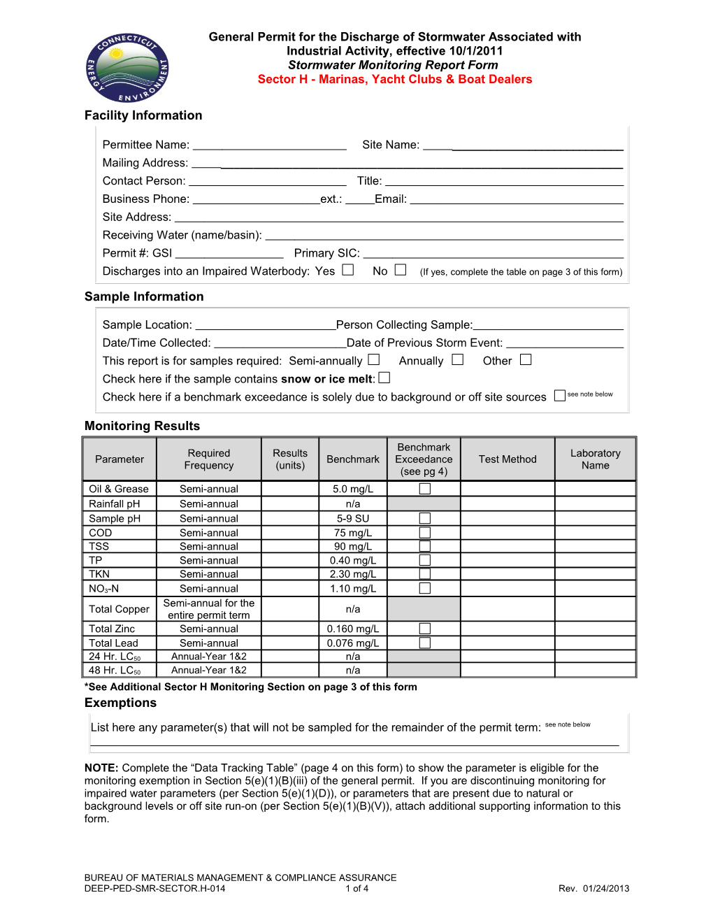 Stormwater Monitoring Form Sector H Marinas, Yacht Clubs and Boat Dealers