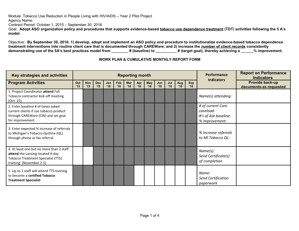 Tobacco Use Reduction in People Living with HIV/AIDS Year 2 Pilot Project - Workplan And