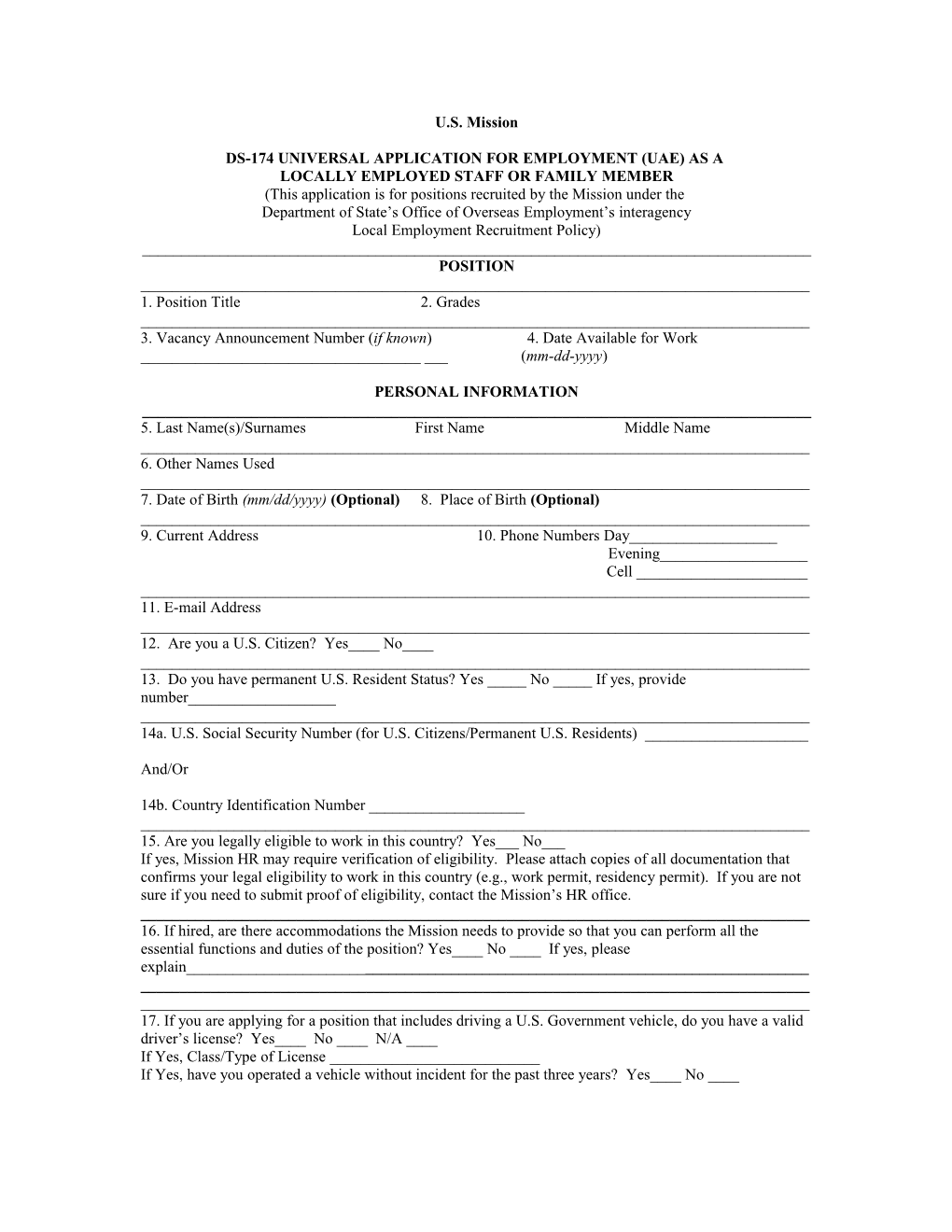 Ds-174 Universal Application for Employment (Uae) As a Locally Employed Staff Or Family Member