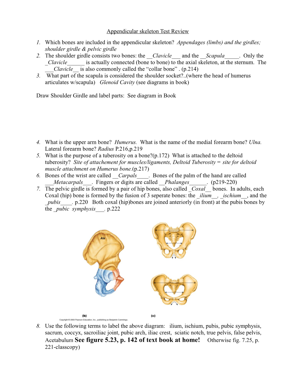 Appendicular Skeleton Test Review