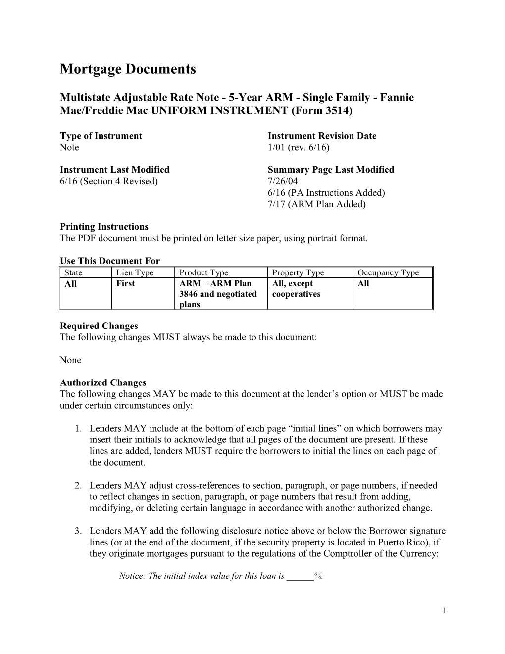 Summary: Multistate Adjustable Rate Note - 5 Year ARM