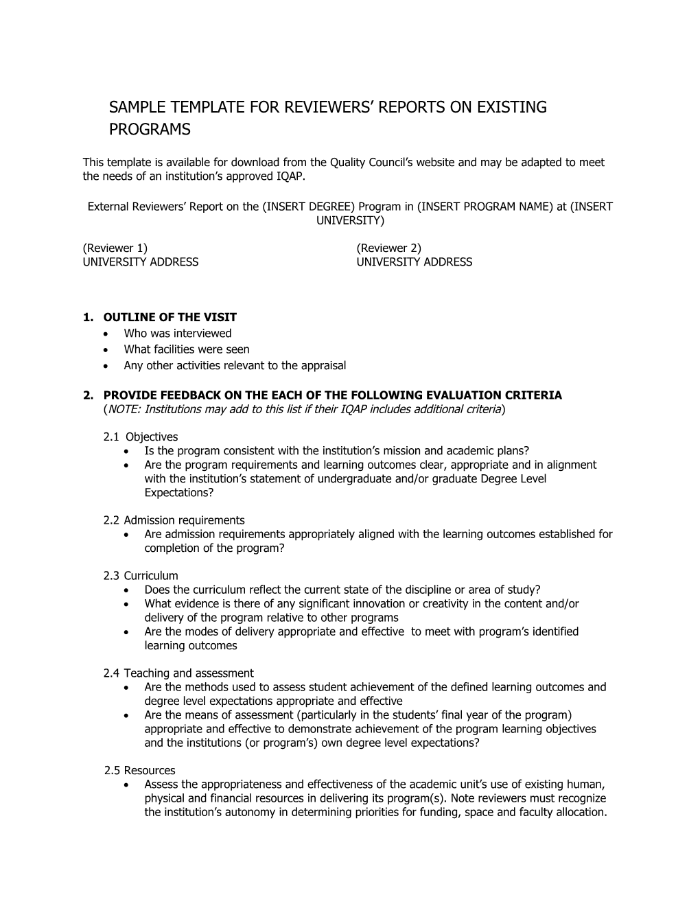 Sample Template for Reviewers Reports on Existing Programs