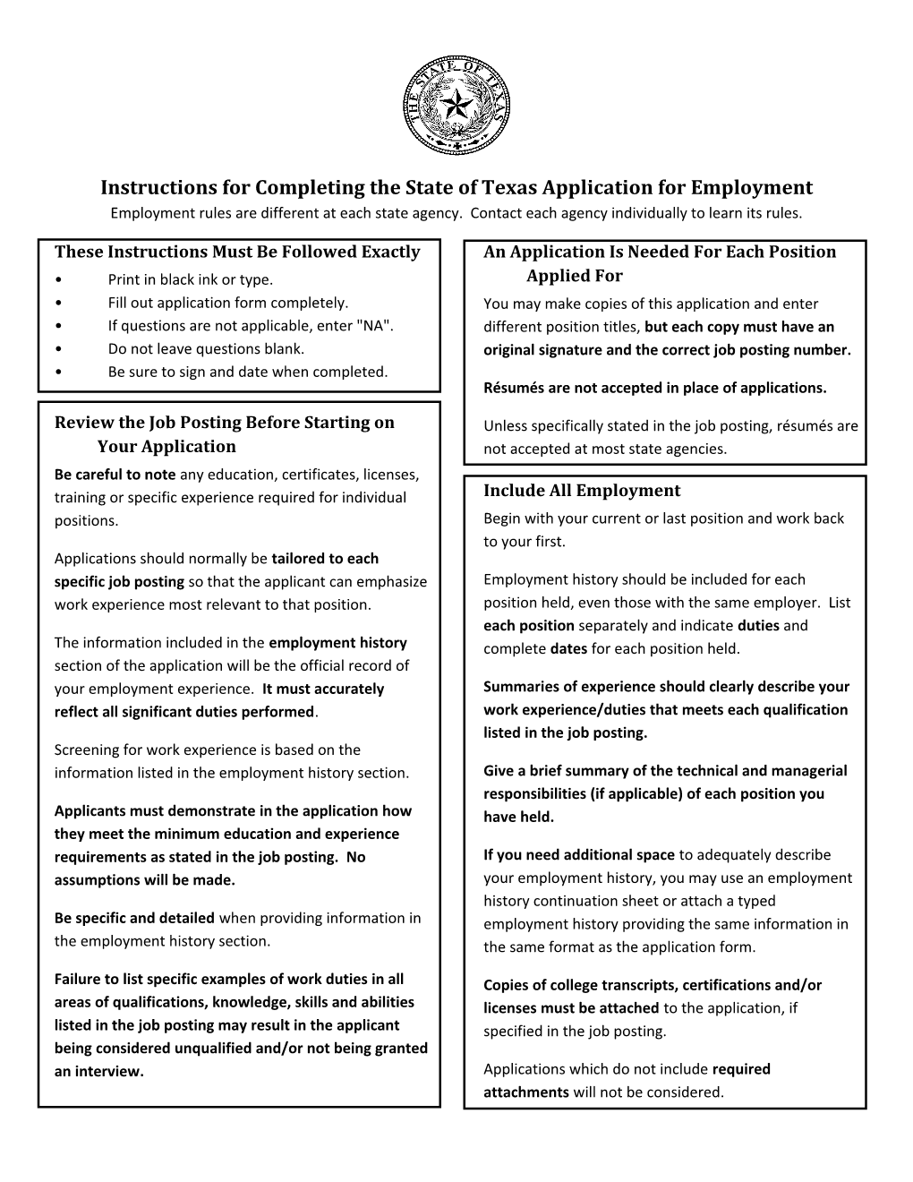 Instructions for Completing the State of Texas Application for Employment