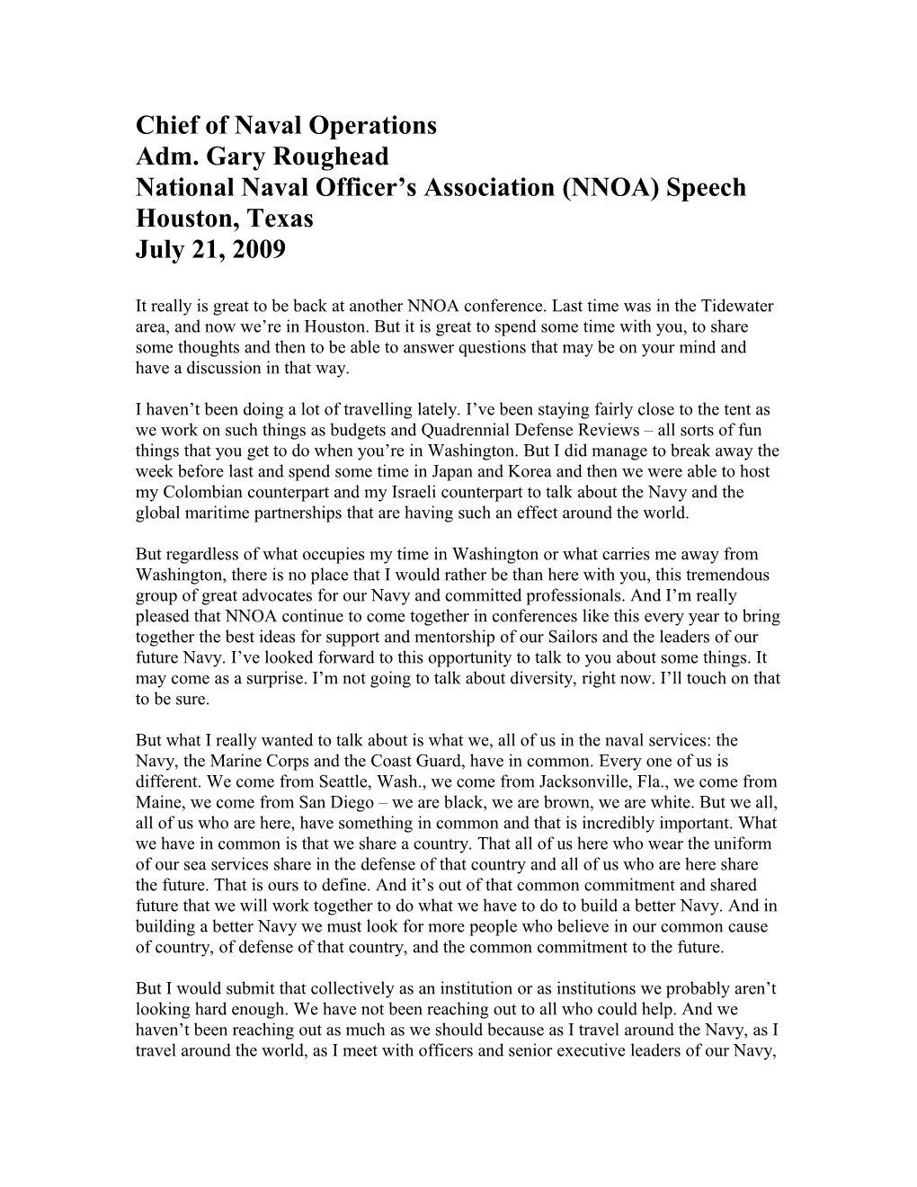 National Naval Officer S Association (NNOA) Speech