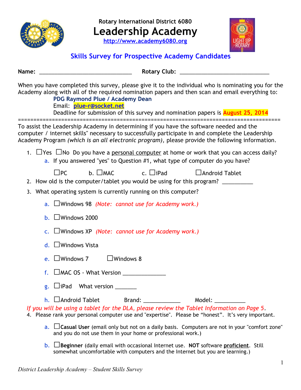 Skills Survey for Prospective Academy Candidates