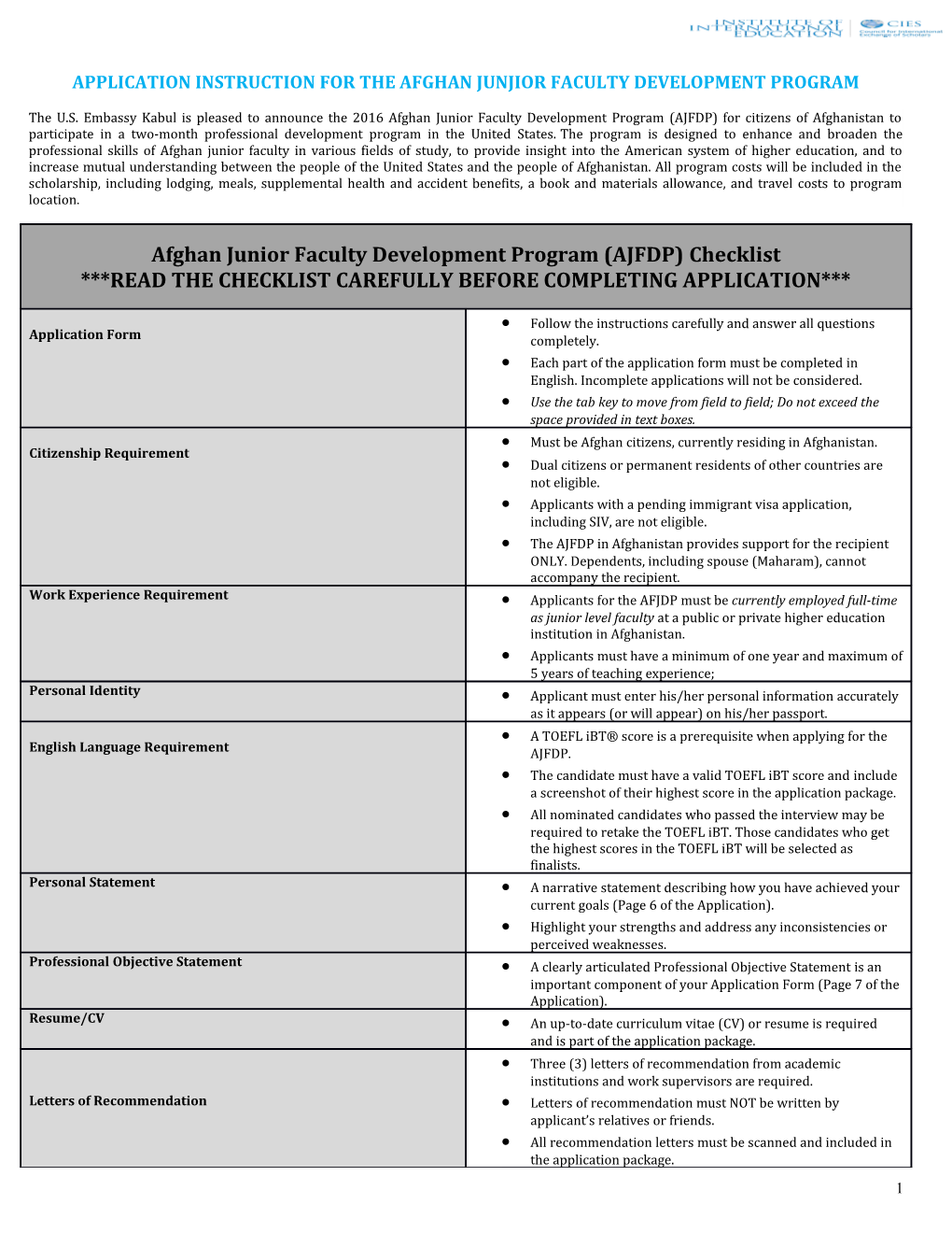 Application Instruction for the Afghan Junjior Faculty Development Program