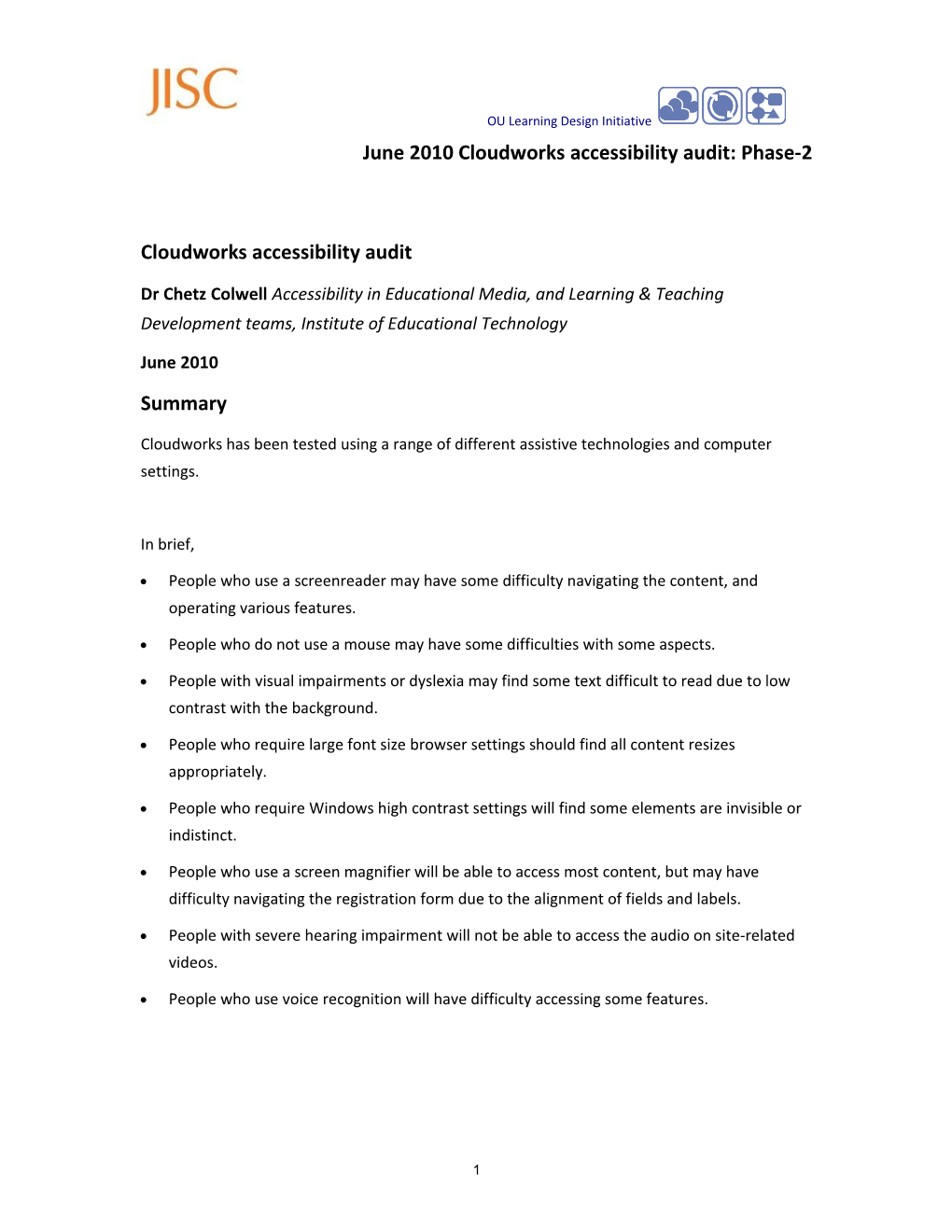 June 2010 Cloudworks Accessibility Audit: Phase-2