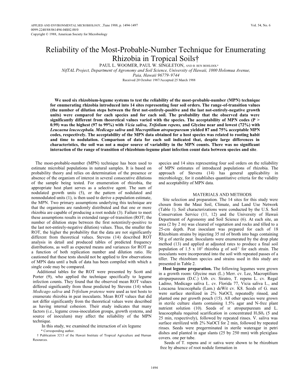 APPLIED and ENVIRONMENTAL MICROBIOLOGY, ,Tune 1988, P. 14941497