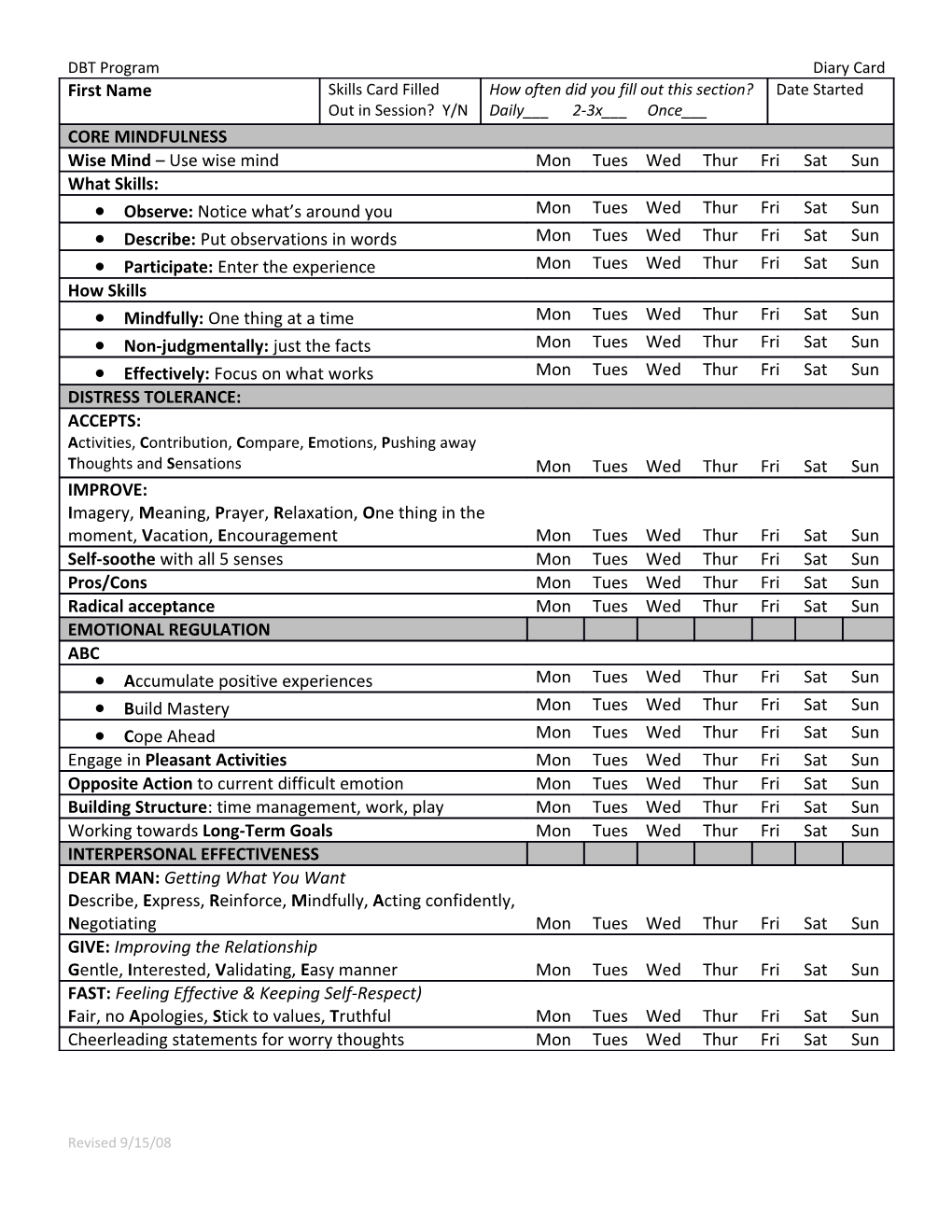 DBT Programdiary Card