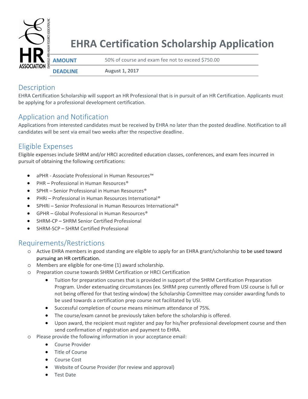 EHRA Certification Scholarship Application