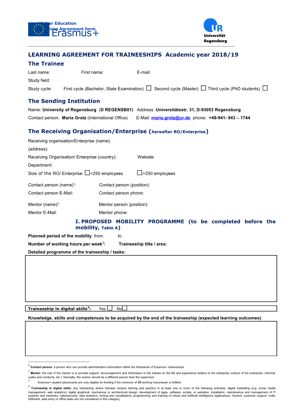 LEARNING AGREEMENT for TRAINEESHIPS Academic Year 2018/19