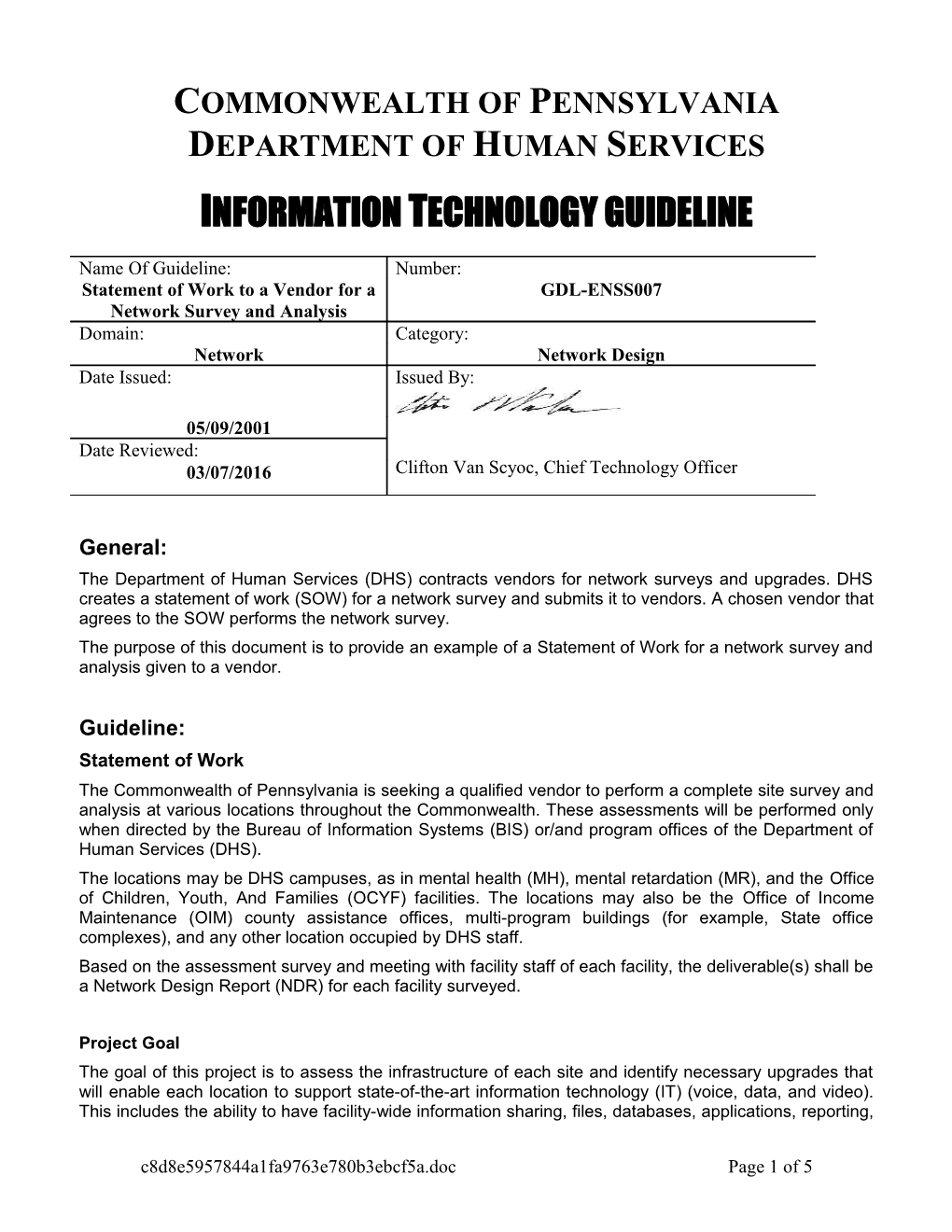 Statement of Work to a Vendor for a Network Survey and Analysis