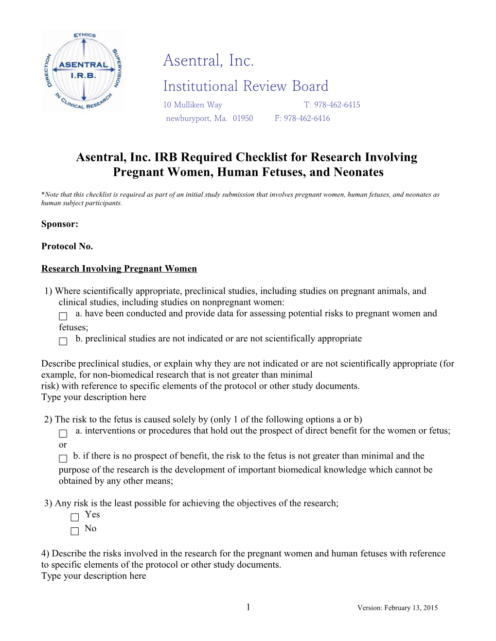 Asentral, Inc. IRB Required Checklist for Research Involving