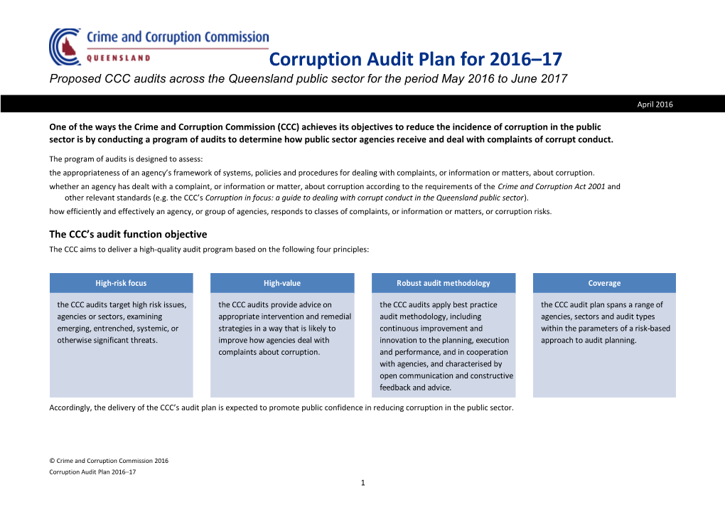 Corruption Audit Plan for 2016 17