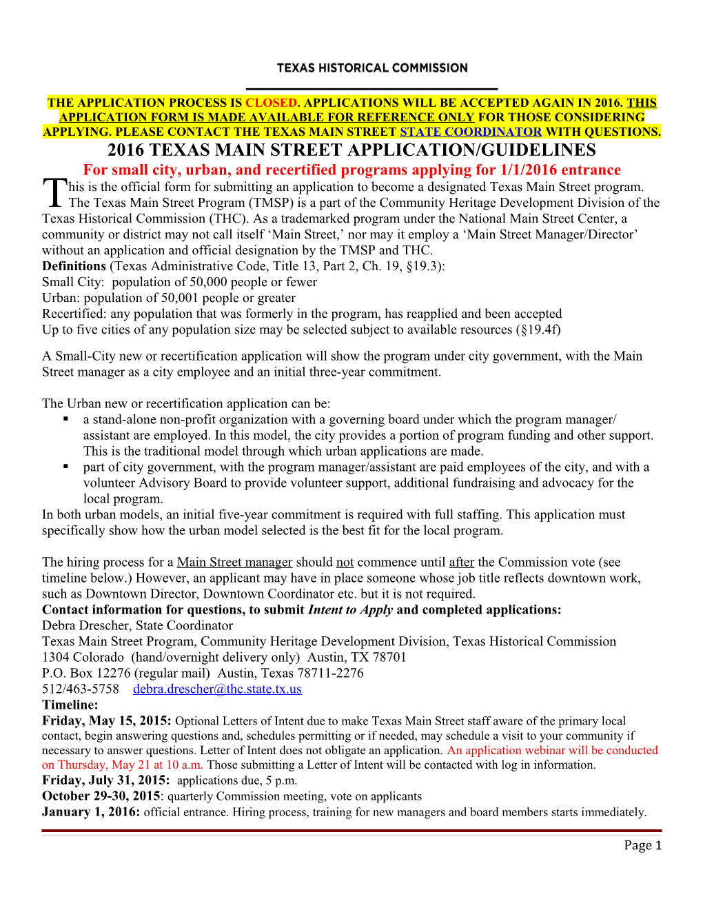 2016 Texas Main Street Application/Guidelines