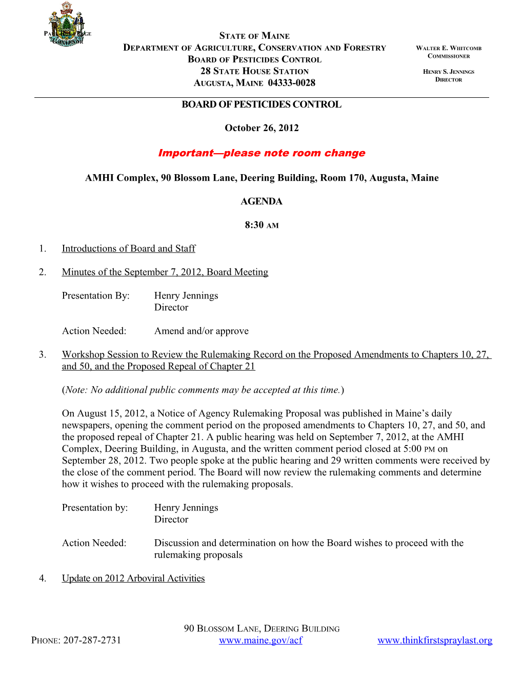 Page 1 of 3 Meeting Agenda Maine Board of Pesticides Control, October 26, 2012