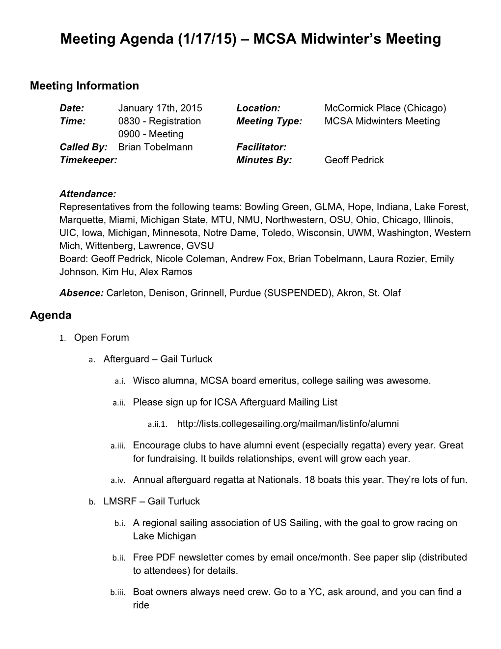 Meeting Agenda (1/17/15) MCSA Midwinter S Meeting