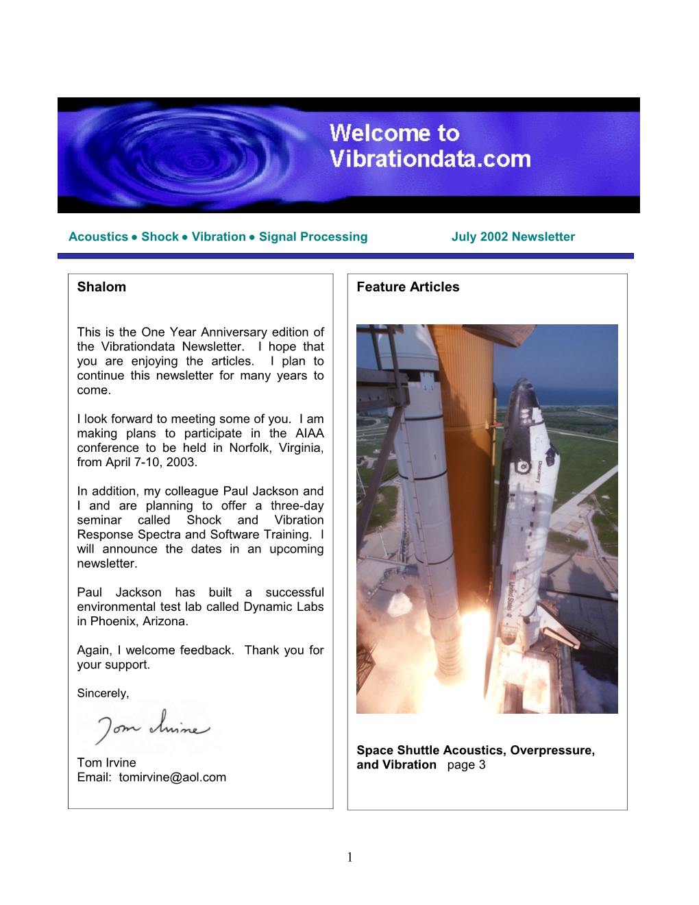 Acoustics Shock Vibration Signal Processing July 2002 Newsletter