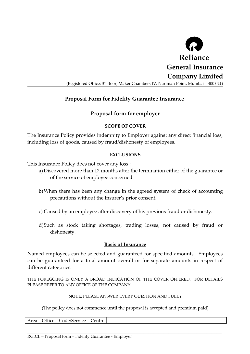Proposal Form for Fidelity