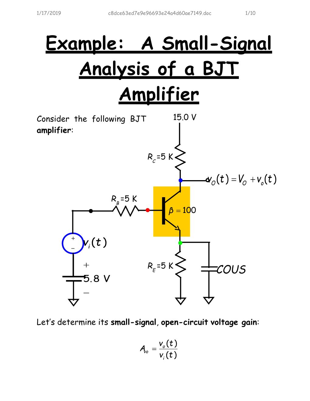 Example: a Small-Signal Analysis of a BJT Amplifier