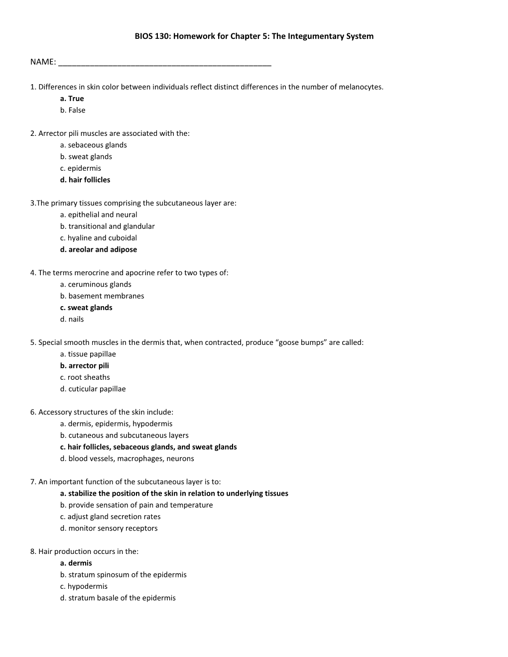 BIOS 130: Homework for Chapter 5: the Integumentary System