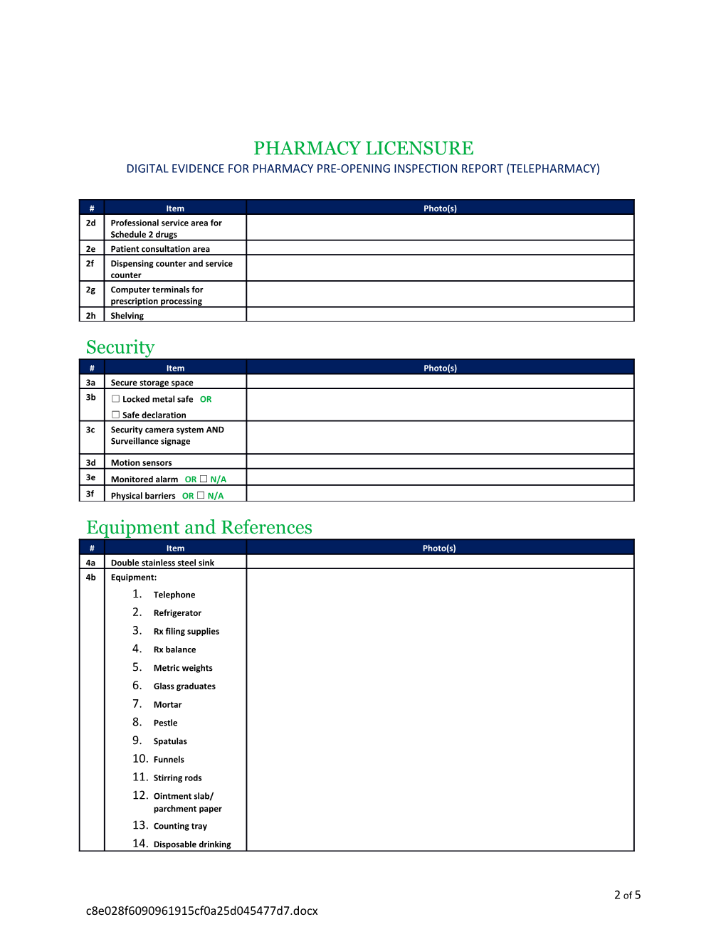 Digital Evidence for Pharmacy Pre-Opening Inspection Report (Telepharmacy)