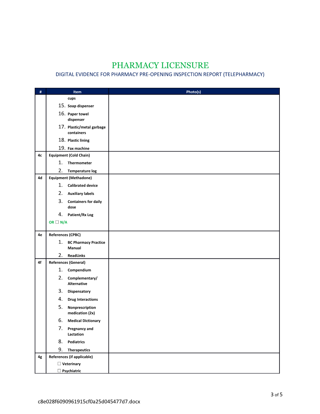 Digital Evidence for Pharmacy Pre-Opening Inspection Report (Telepharmacy)