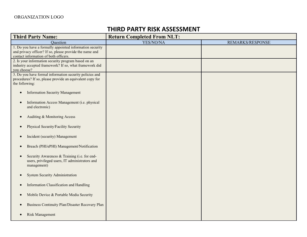 Third Party Risk Assessment Questionnaire