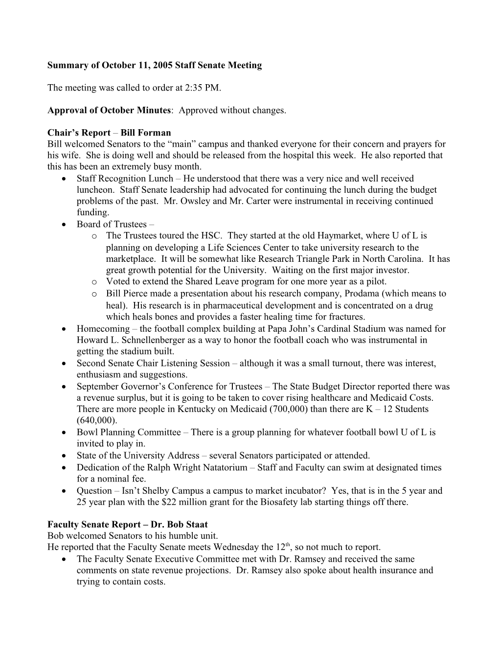 Summary of June 13, 2005 Staff Senate Meeting