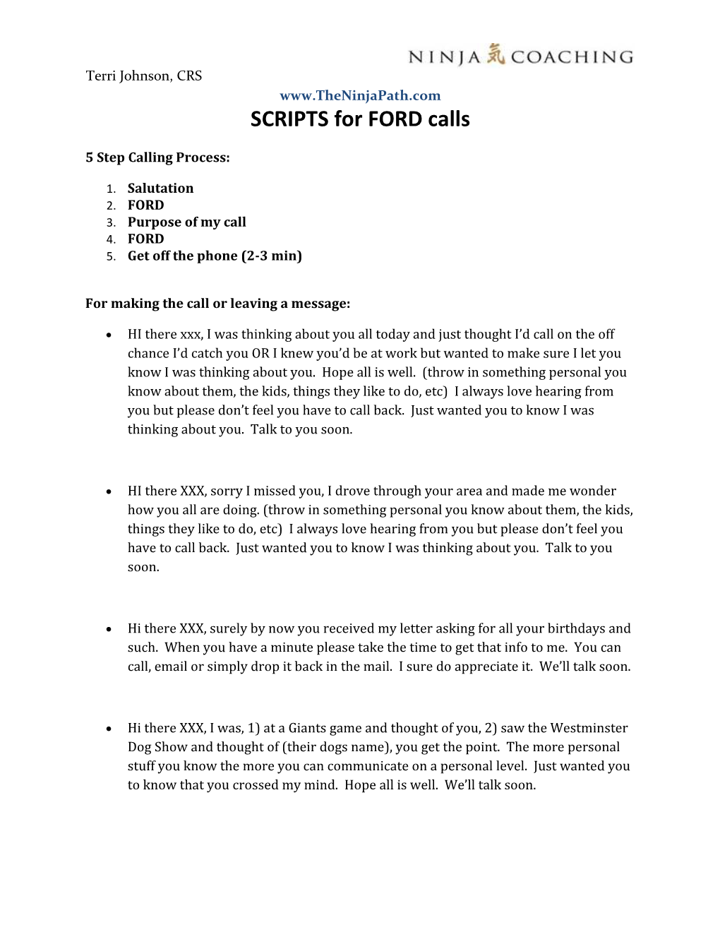 SCRIPTS for FORD Calls