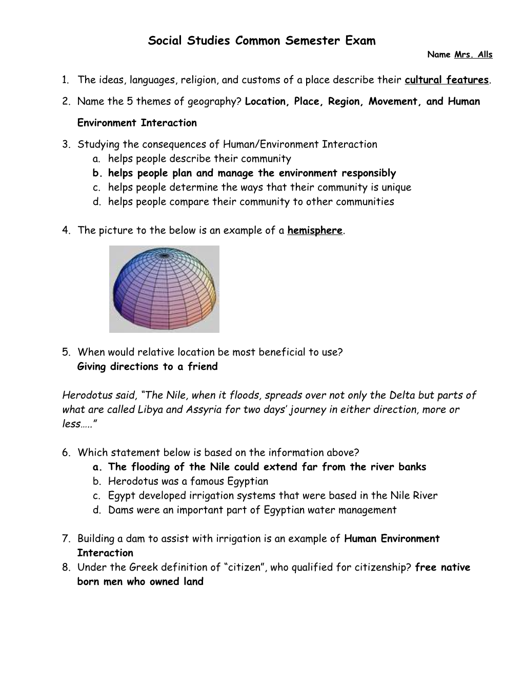 Social Studies Common Semester Exam