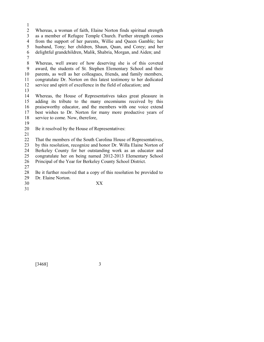 2013-2014 Bill 3468: Dr. Willa Elaine Norton - South Carolina Legislature Online