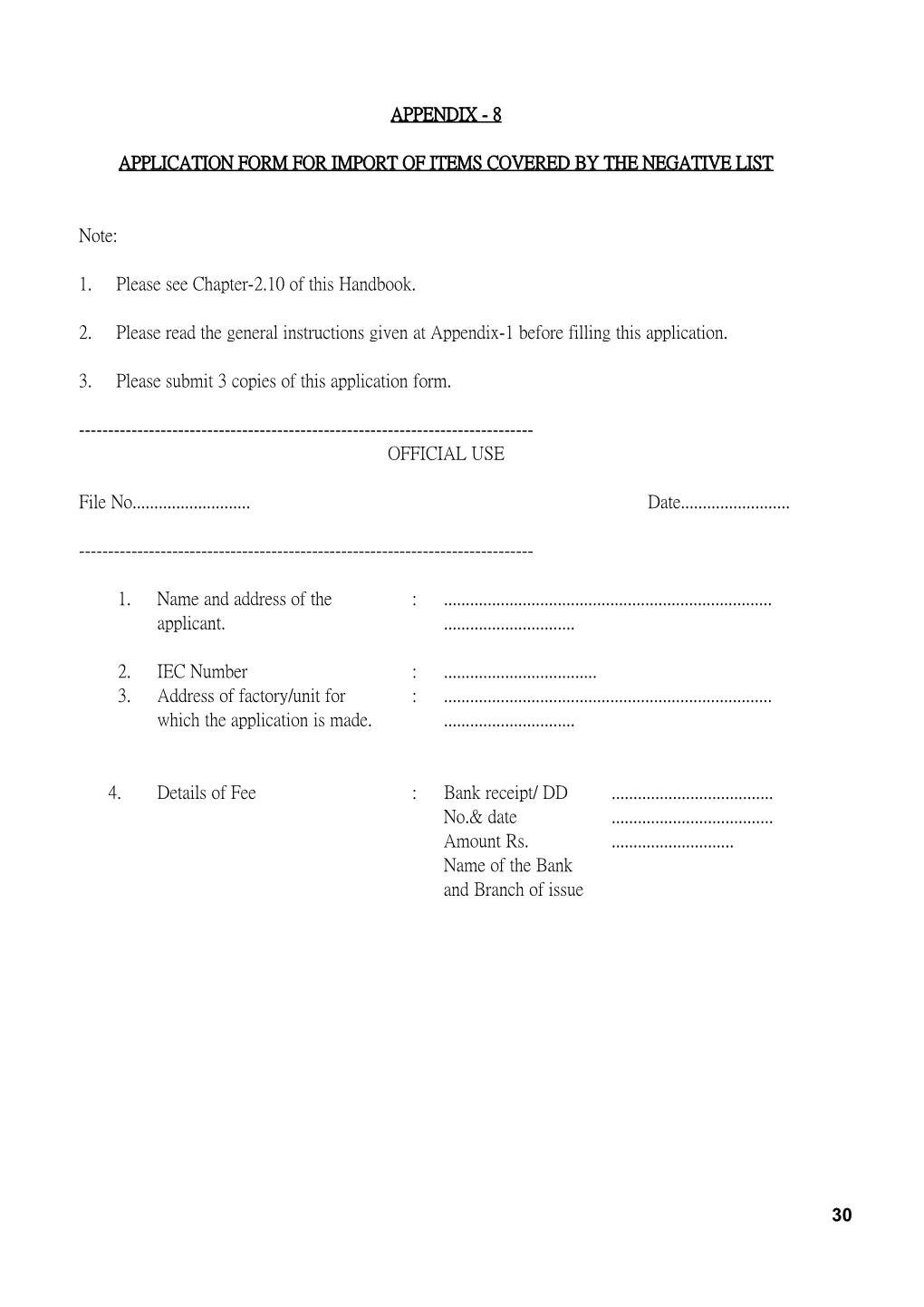 Application Form for Import of Items Covered by the Negative List