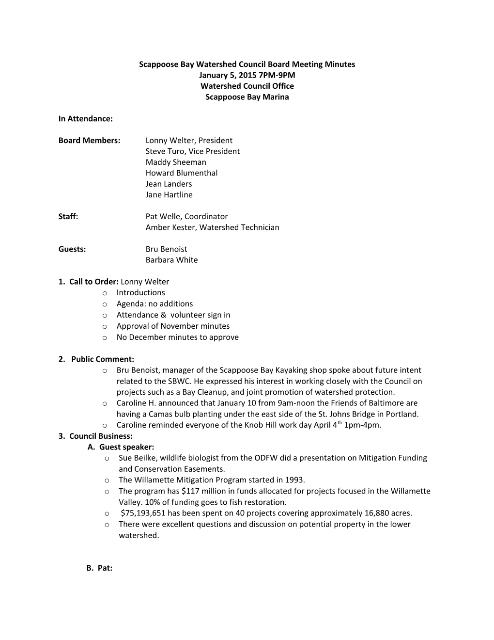 Scappoose Bay Watershed Council Board Meeting Minutes
