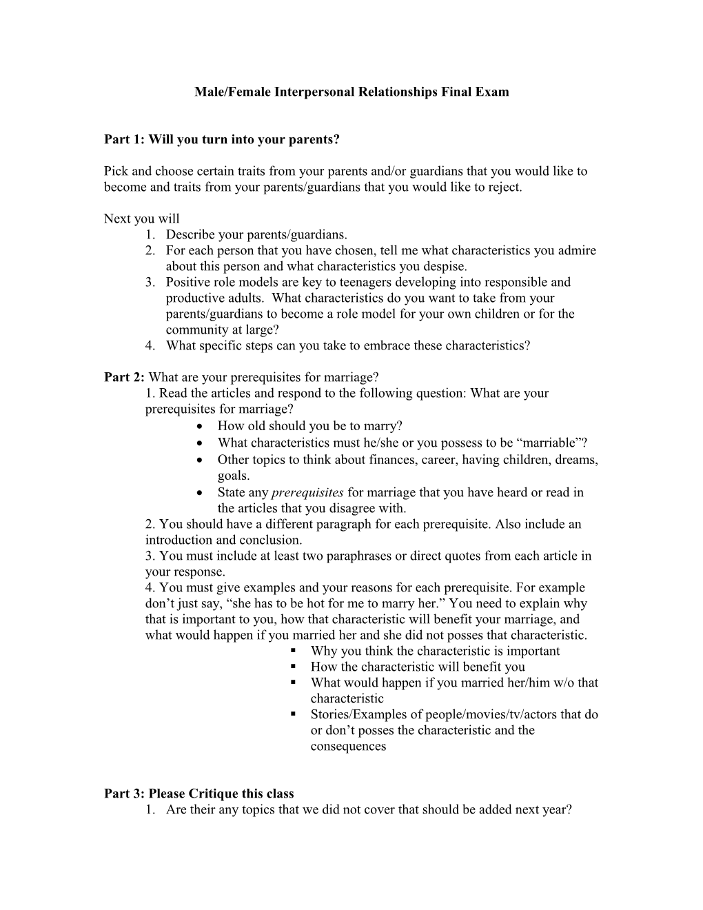 Male/Female Interpersonal Relationships Final Exam