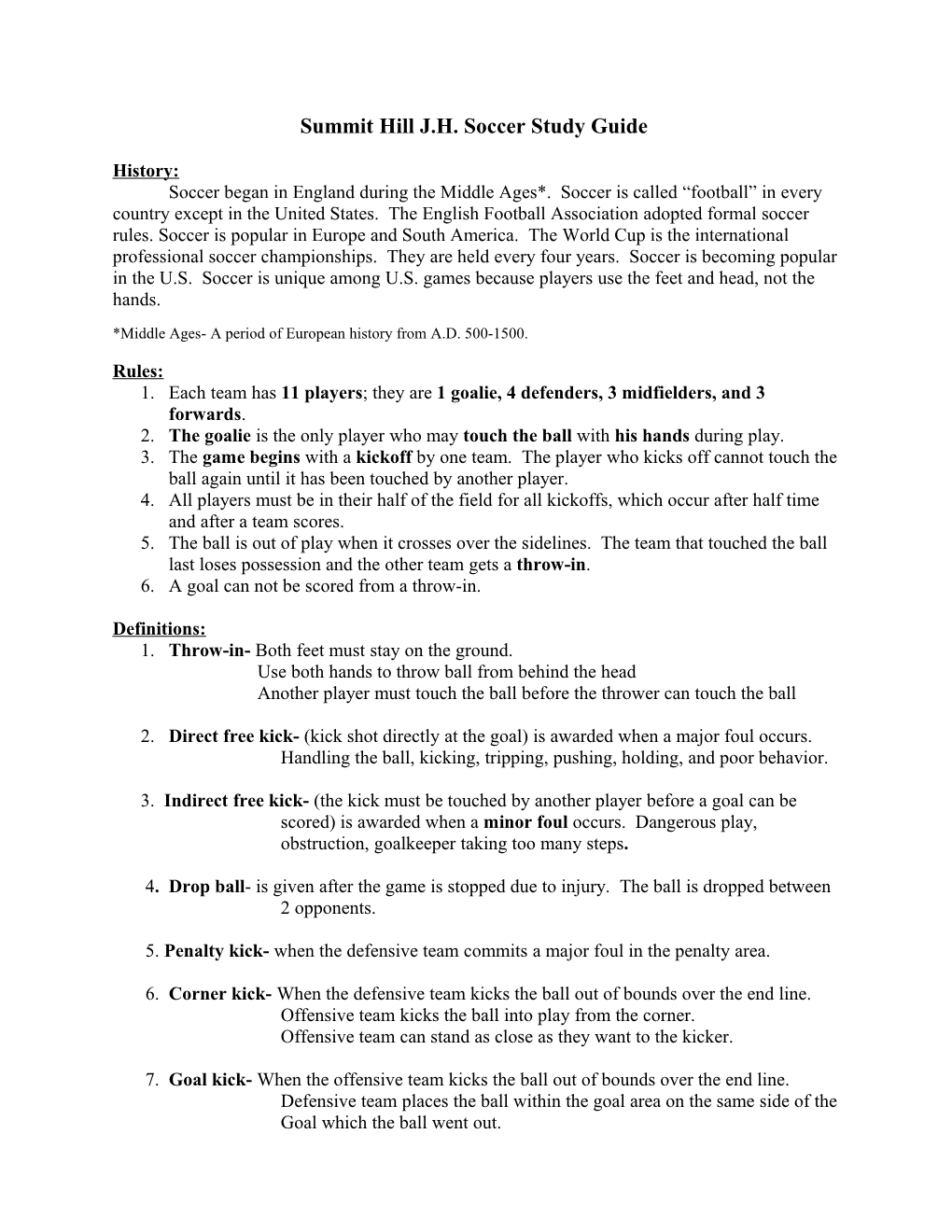 Summit Hill J.H. Soccer Study Guide