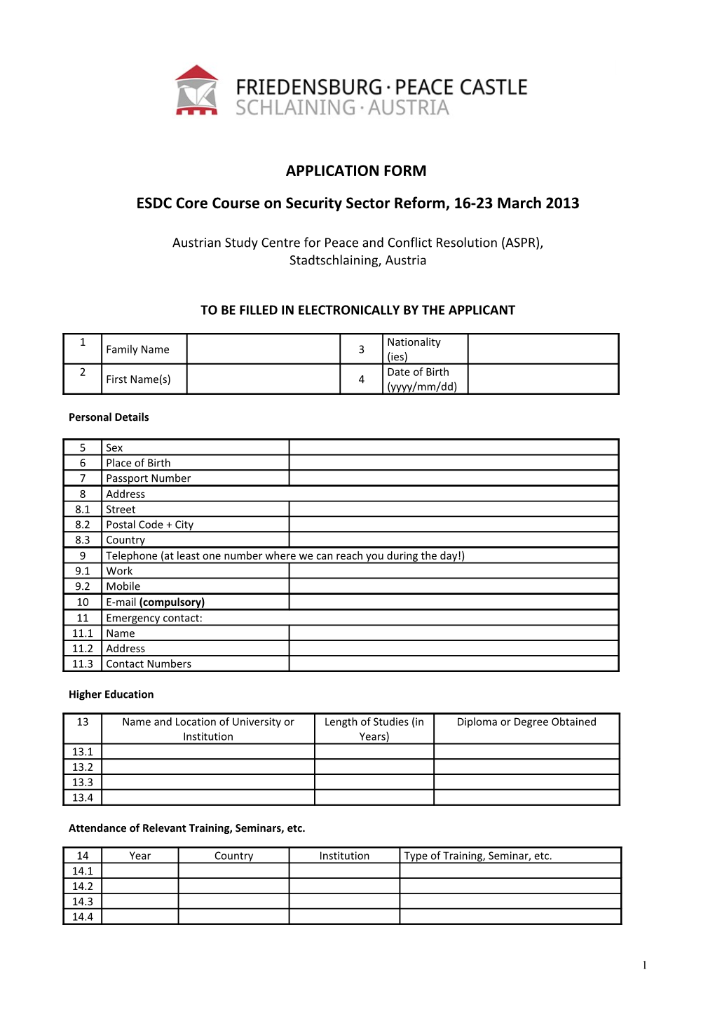 ESDC Core Course on Security Sector Reform, 16-23 March 2013